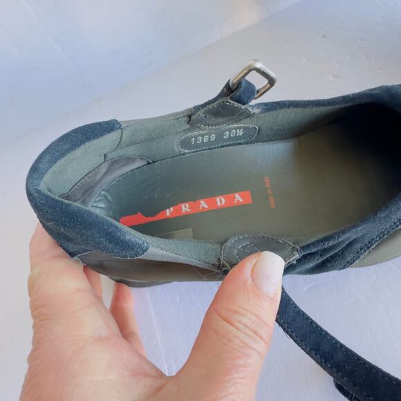 Vintage Prada Blue Suede Mary Jane Trainers Y2K Square Toe Ballerina Flats 8.5 - Picture 8 of 10